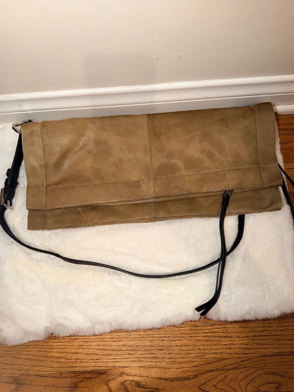All Saints Tan Fold-Over half calf skin hair Clutch with Black Strap